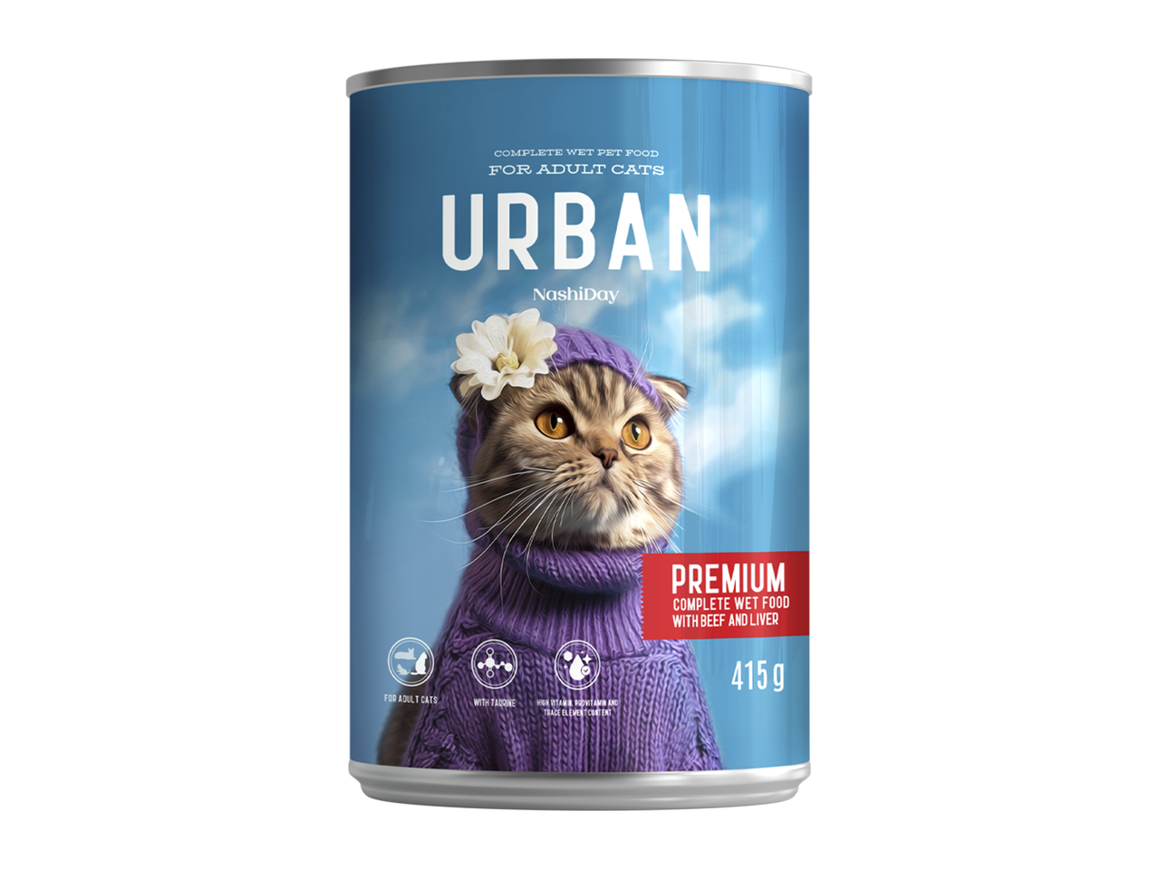 Conservă de hrană umedă pentru pisici adulte, cu o pisică îmbrăcată în pulover și căciulă.