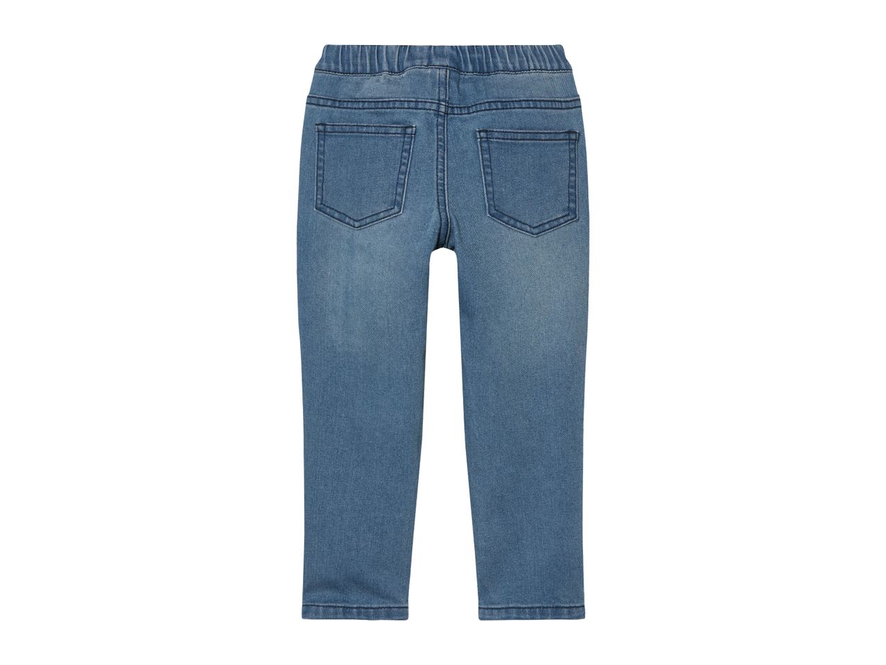 Back view of blue denim jeans with an elastic waistband and two back pockets.