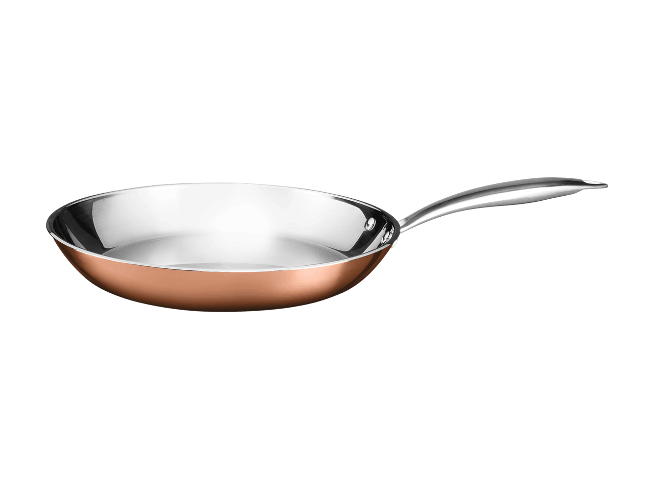 Kuparinvärinen paistinpannu, jossa on ruostumattomasta teräksestä valmistettu sisäpinta ja kahva.