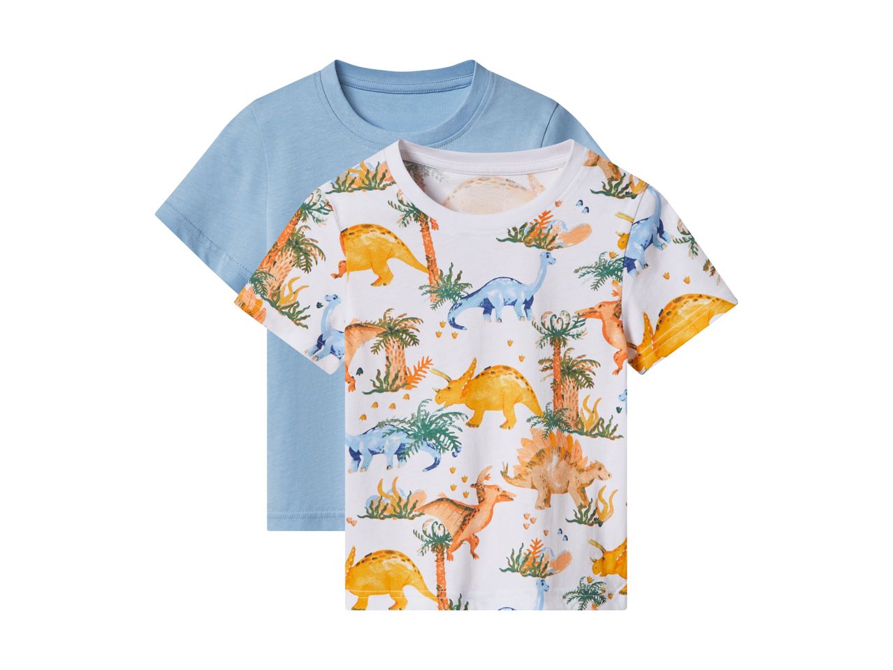 To T-shirts til børn: en lyseblå og en hvid med farverige dinosaurer og palmer.