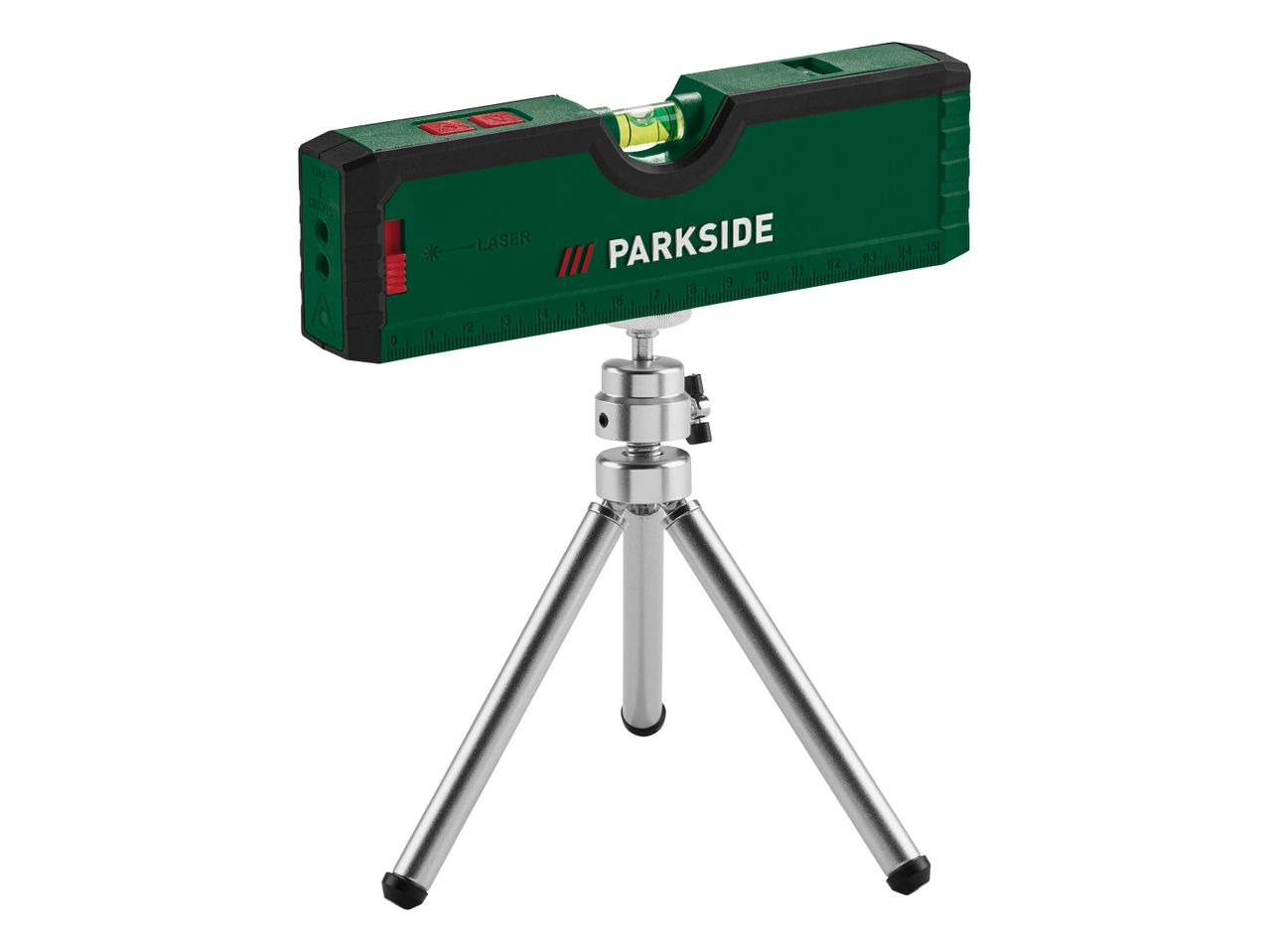 Zelena laserska vodna tehtnica Parkside na srebrnem stojalu.