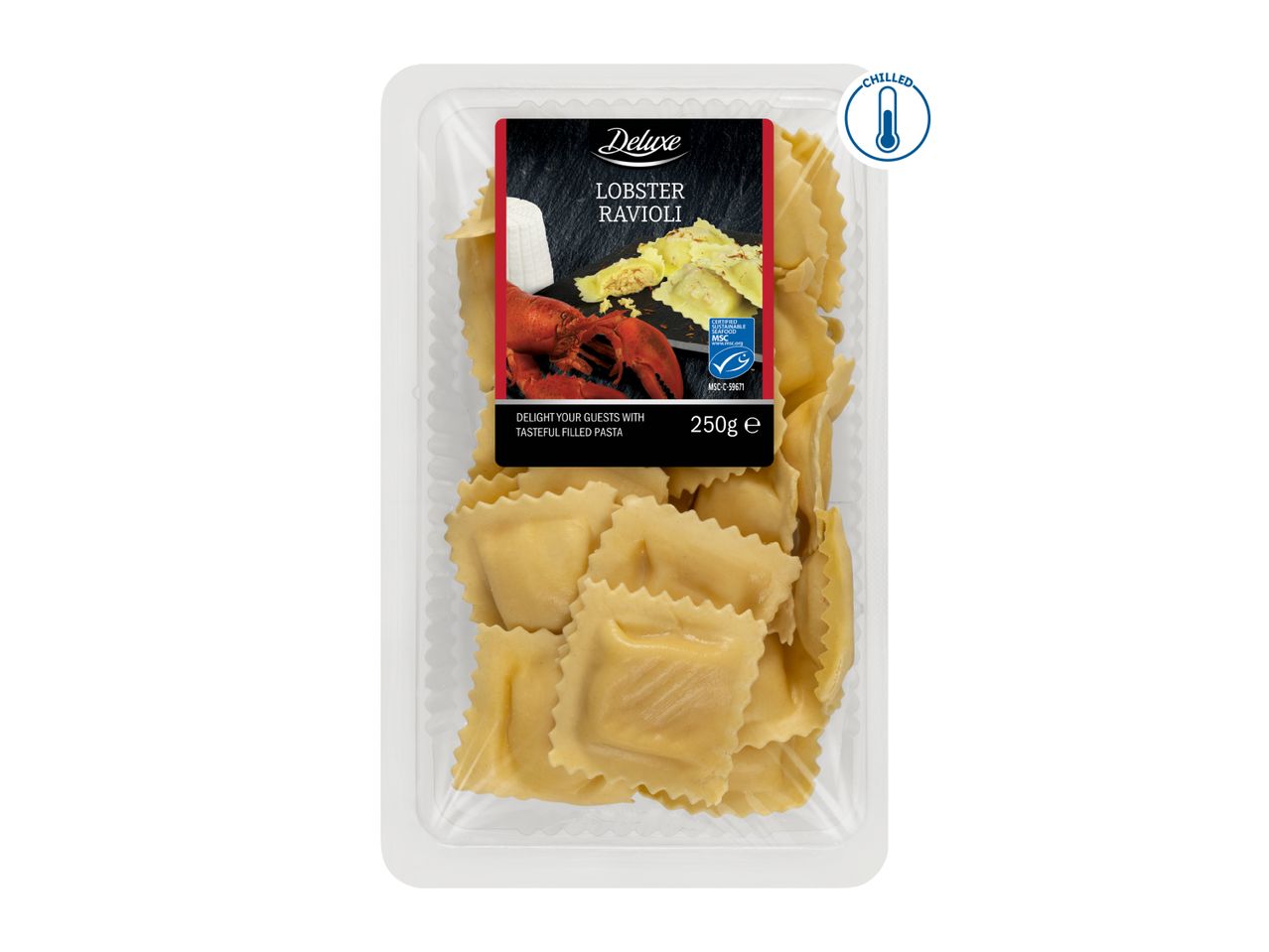 A package of chilled lobster ravioli, with a label showing lobster and pasta, and text indicating it's a tasteful filled pasta.