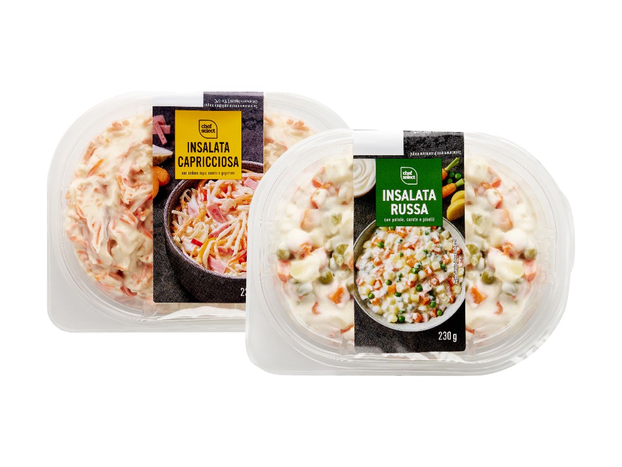 Due vaschette di insalata Chef Select: Insalata Capricciosa e Insalata Russa.