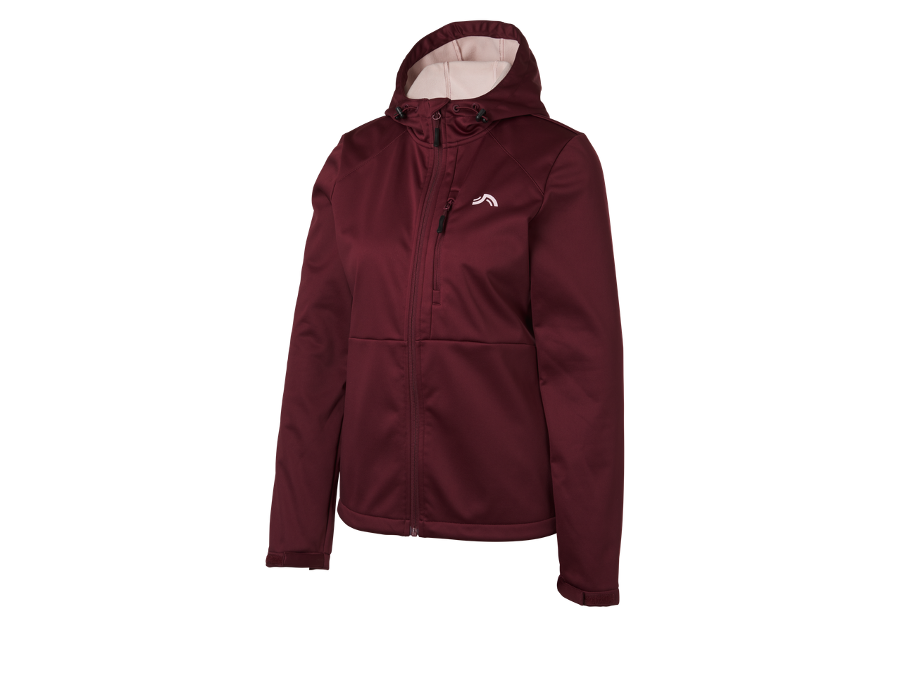 Moteriška tamsiai raudona softshell striukė su gobtuvu.