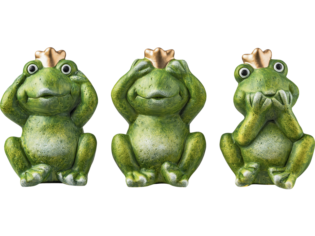 Três figuras de jardim de sapos reais, representando 'não vejo, não ouço, não falo'.