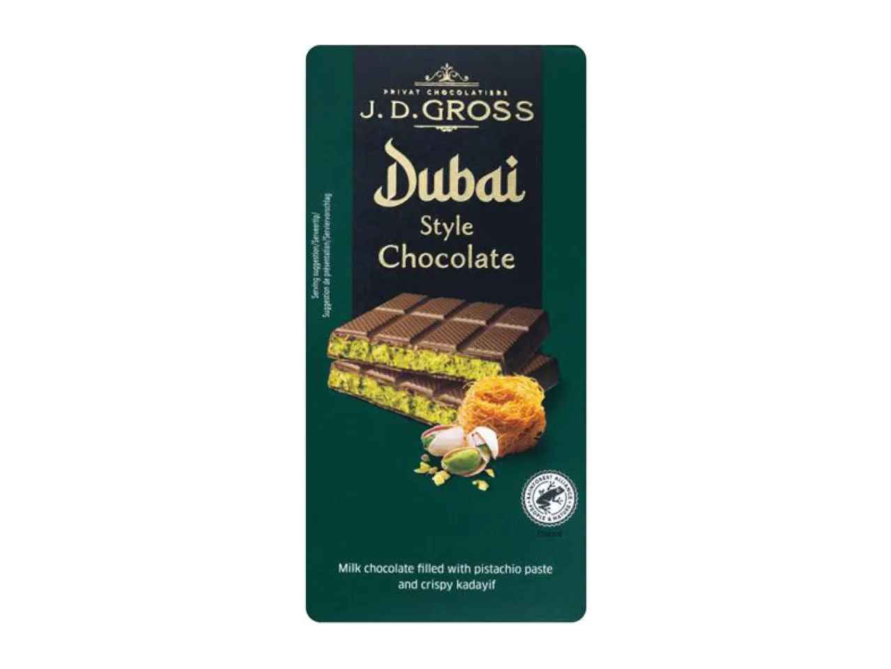 J.D. Gross Dubai Style Chocolate with pistachio paste and crispy kadayif.