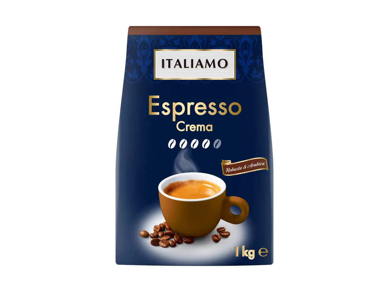 Espresso Crema coffee bag with a cup of coffee and beans, 1kg