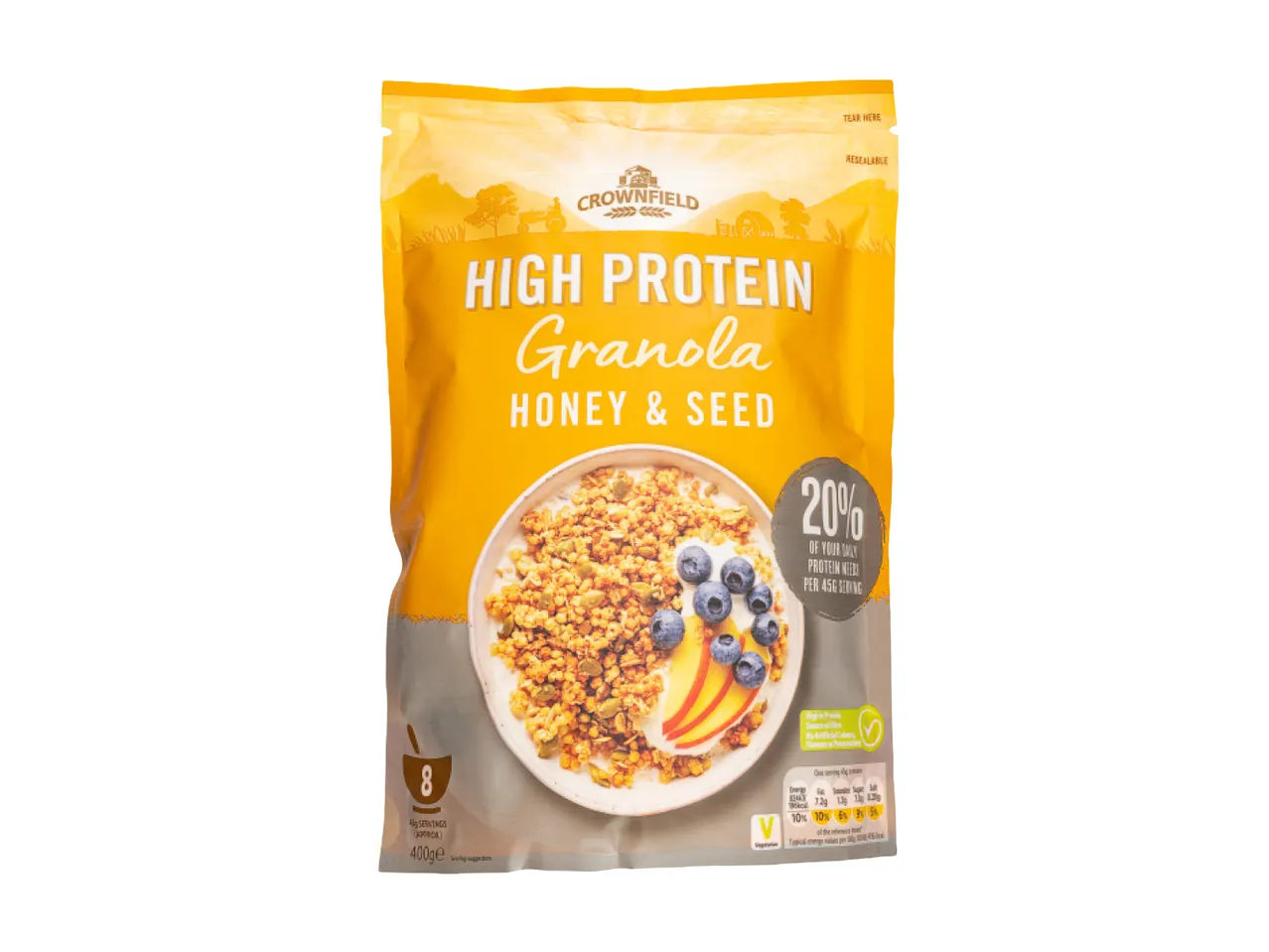 Crownfield high protein granola, honey & seed.