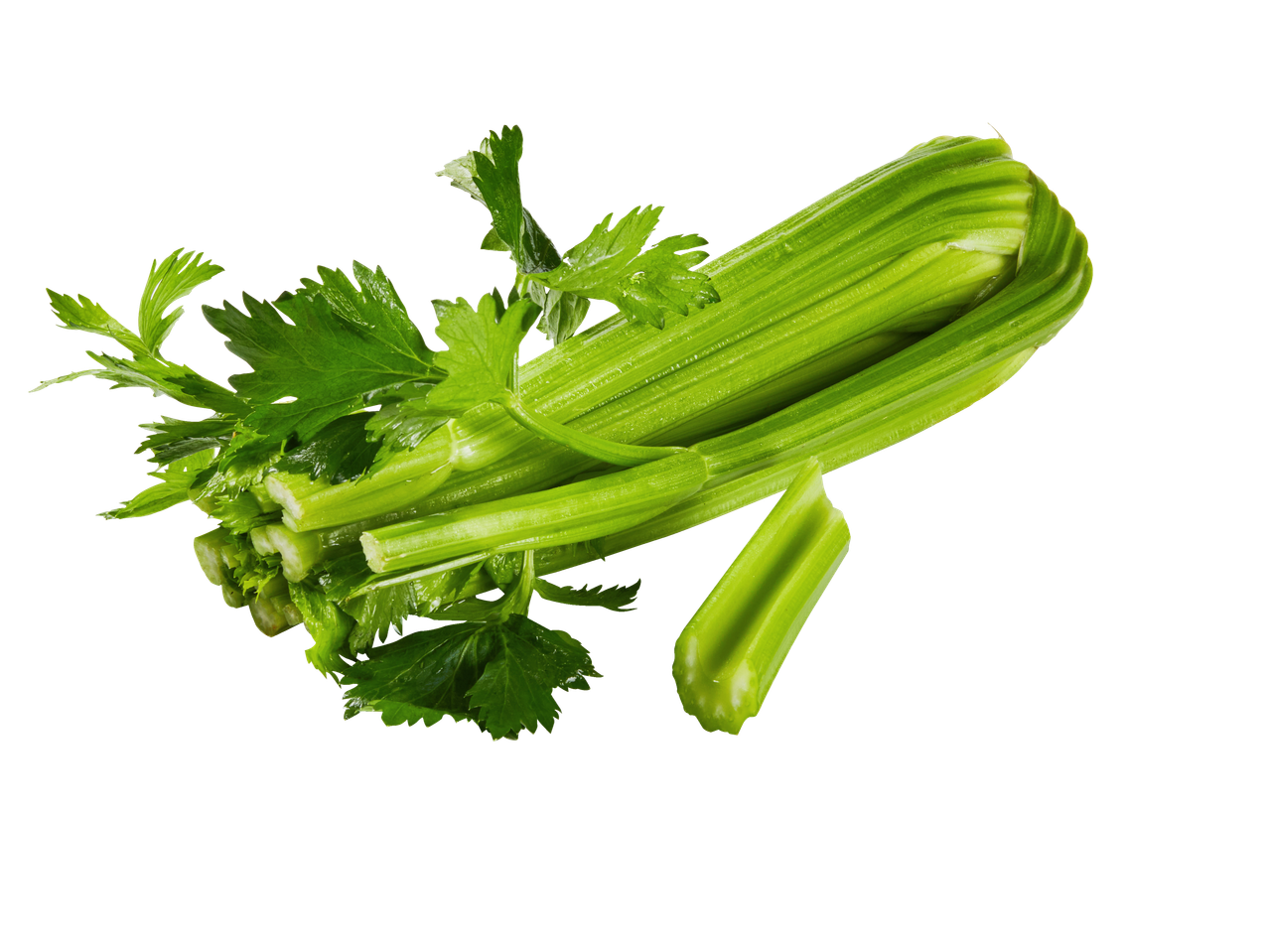 Verse groene selderij met bladeren, op een zwarte achtergrond.