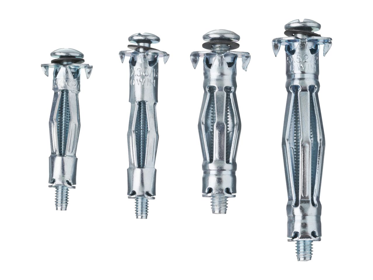 Four metal hollow wall anchors of varying sizes, with screws and washers, on a white background.