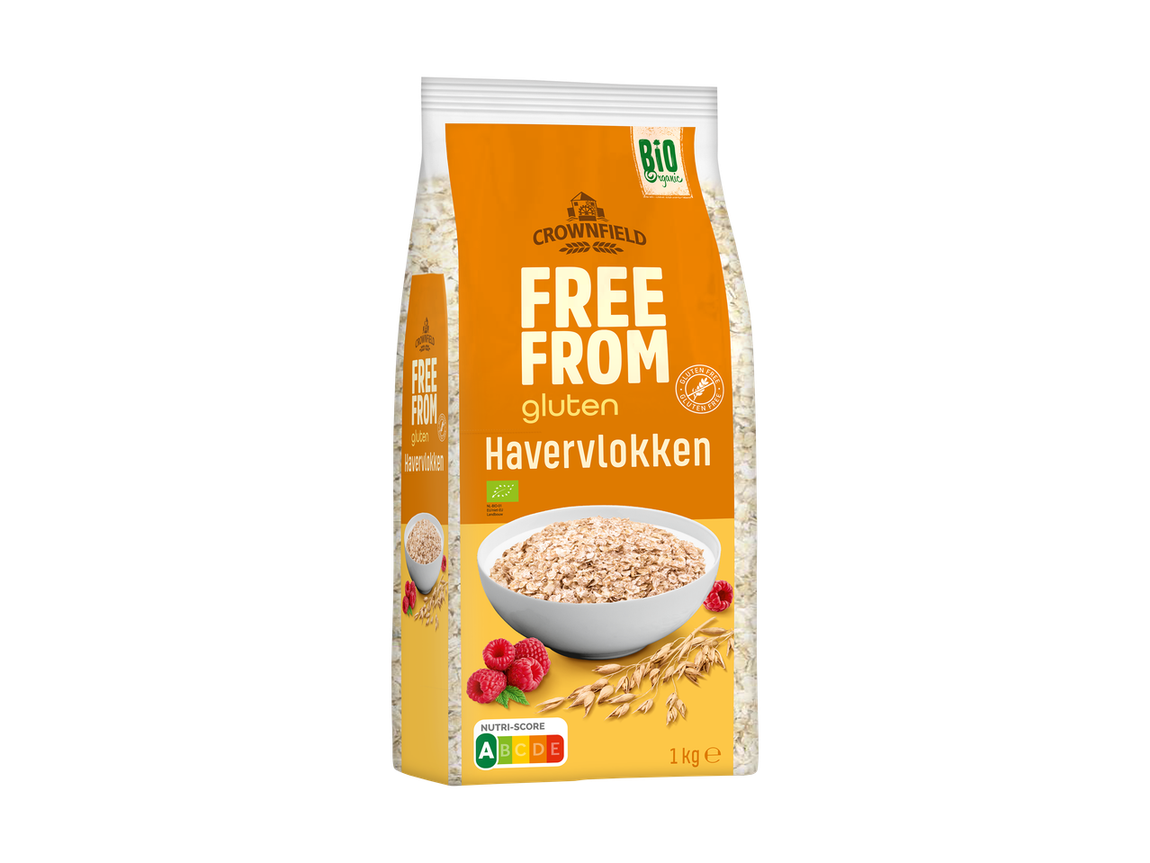Verpakking glutenvrije havervlokken met Nutri-Score A en biologisch keurmerk.