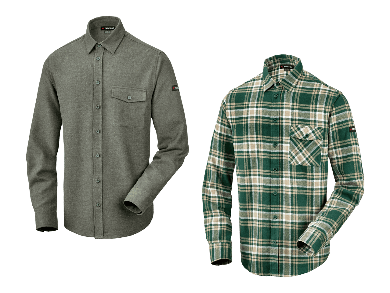 Kaksi miesten flanellipaitaa: toinen yksivärinen harmaa ja toinen vihreäruudullinen.