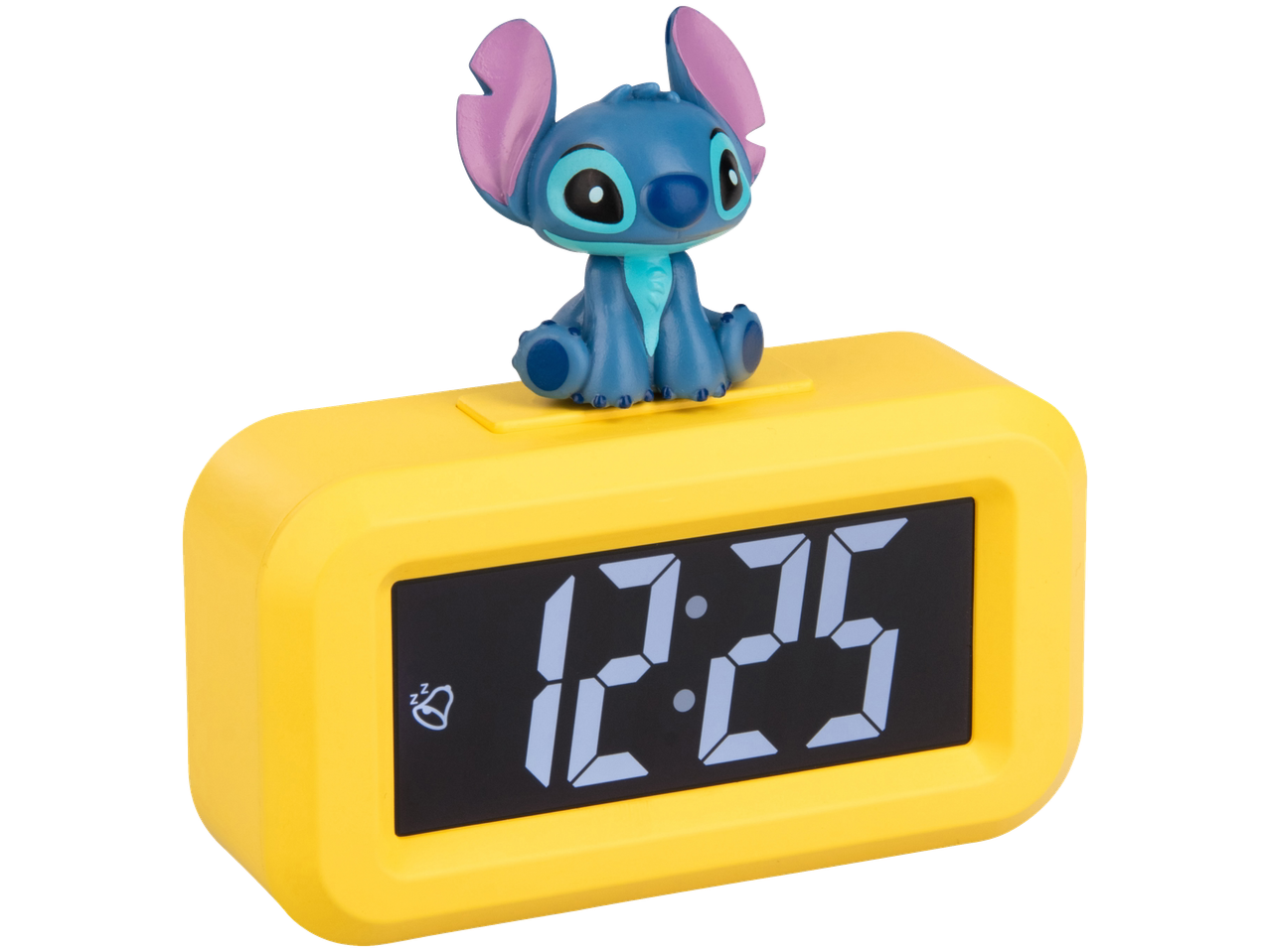 Geltonas žadintuvas su Stitch figūrėle ir skaitmeniniu ekranu, rodančiu 12:25.