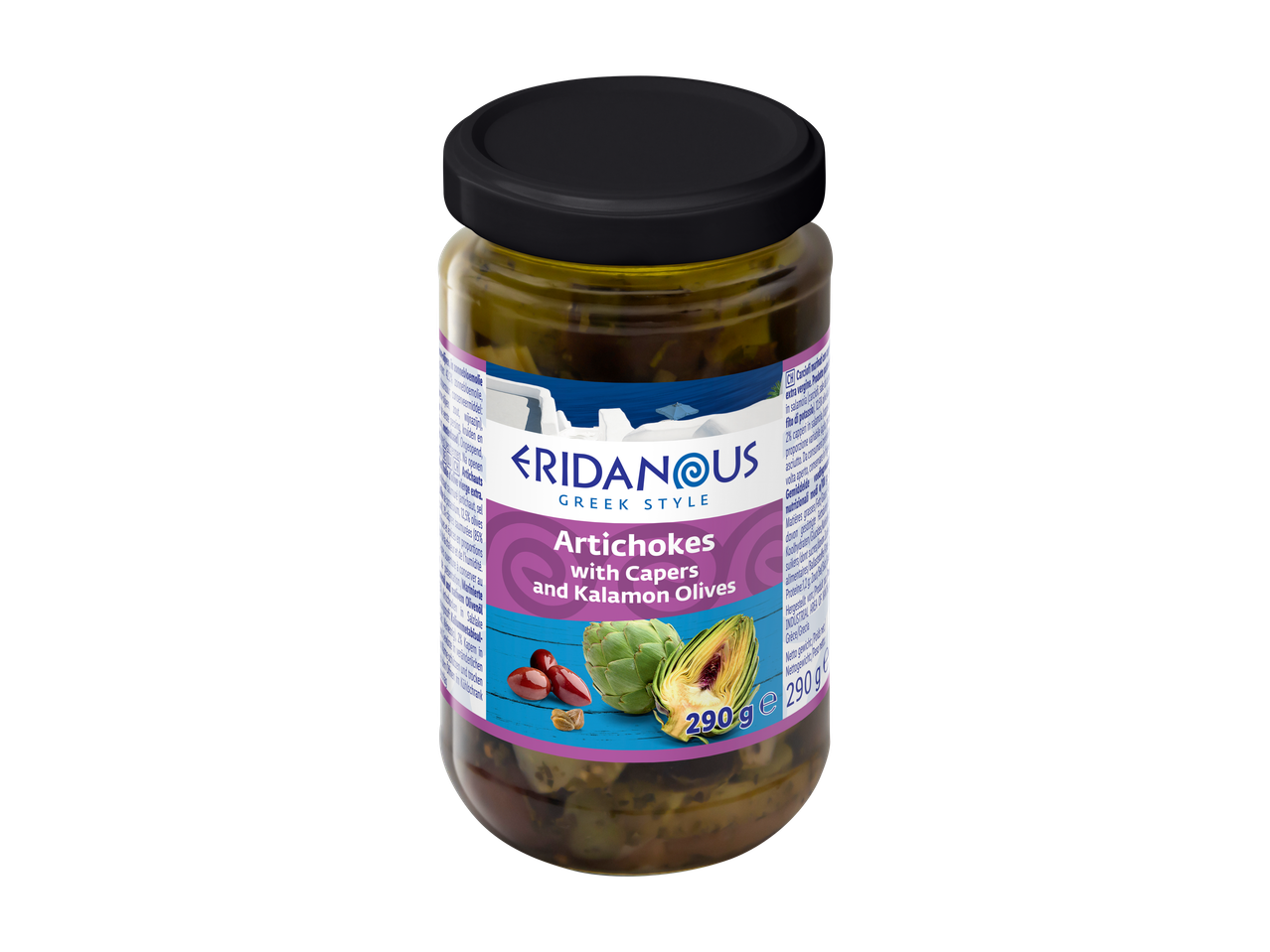 Pot artisjokken met kappertjes en Kalamon olijven, Griekse stijl, 290g.