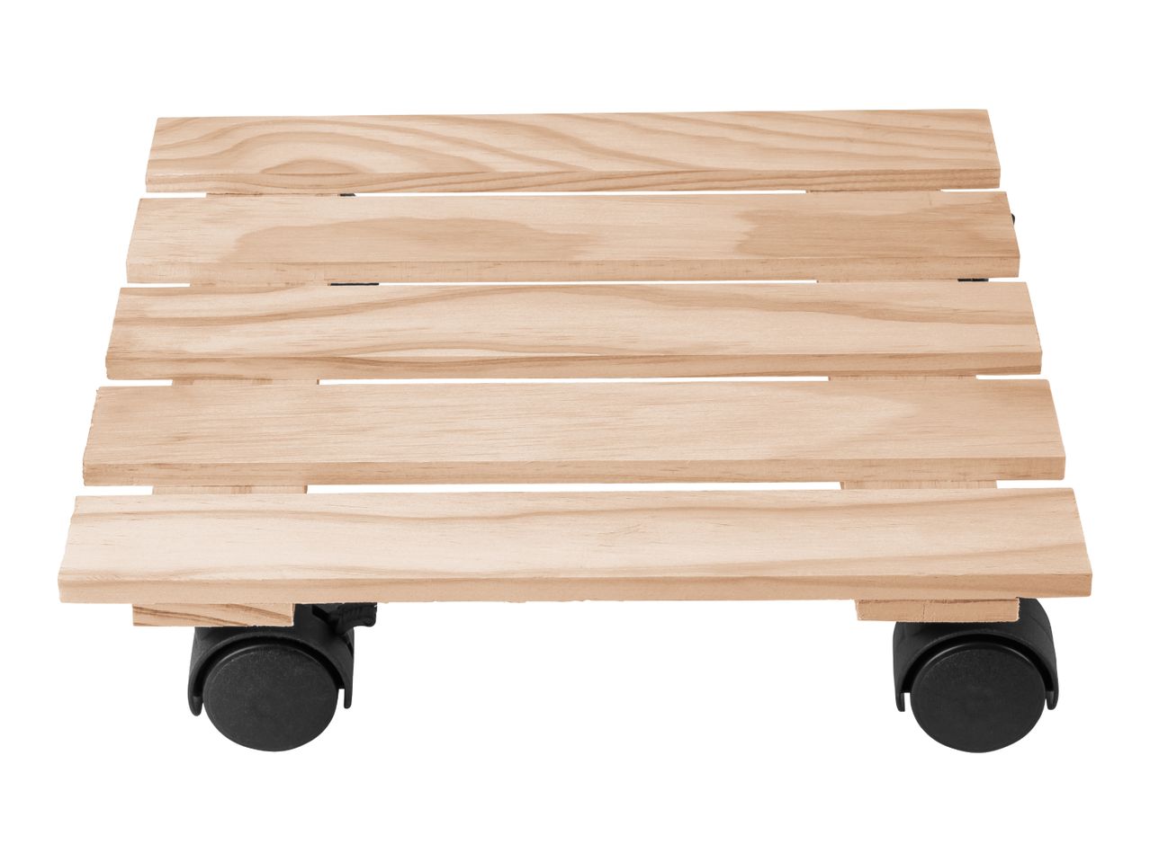 Wooden plant caddy with black wheels