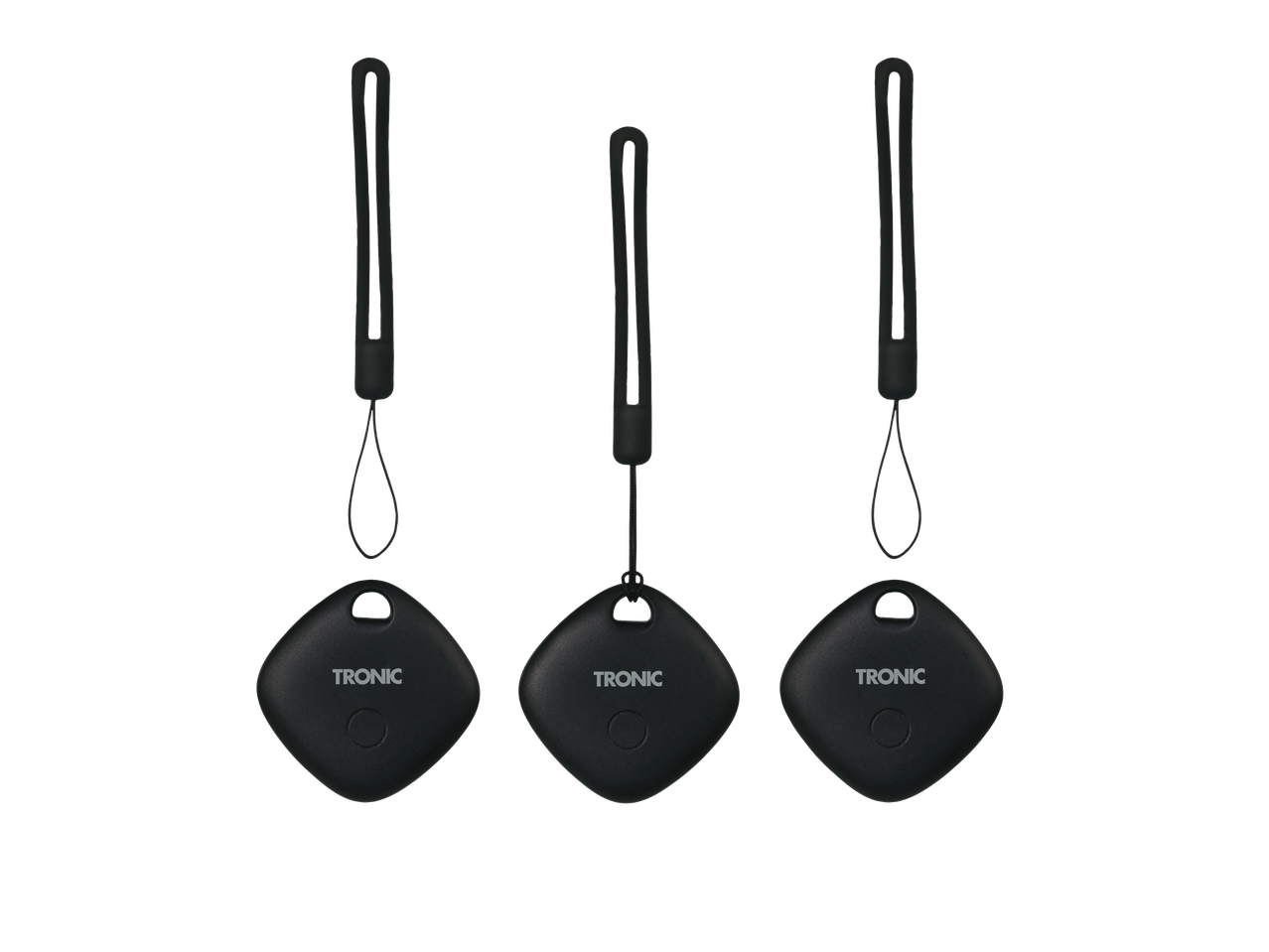 Three black key finders with lanyards, each featuring a button and the word 'TRONIC'.