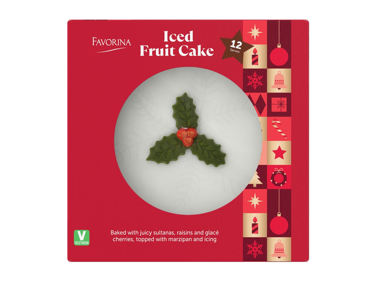 Iced fruit cake with marzipan and icing, decorated with a holly leaf design.