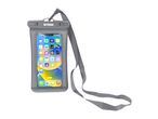 Grey waterproof phone pouch with a smartphone inside, displaying various app icons.