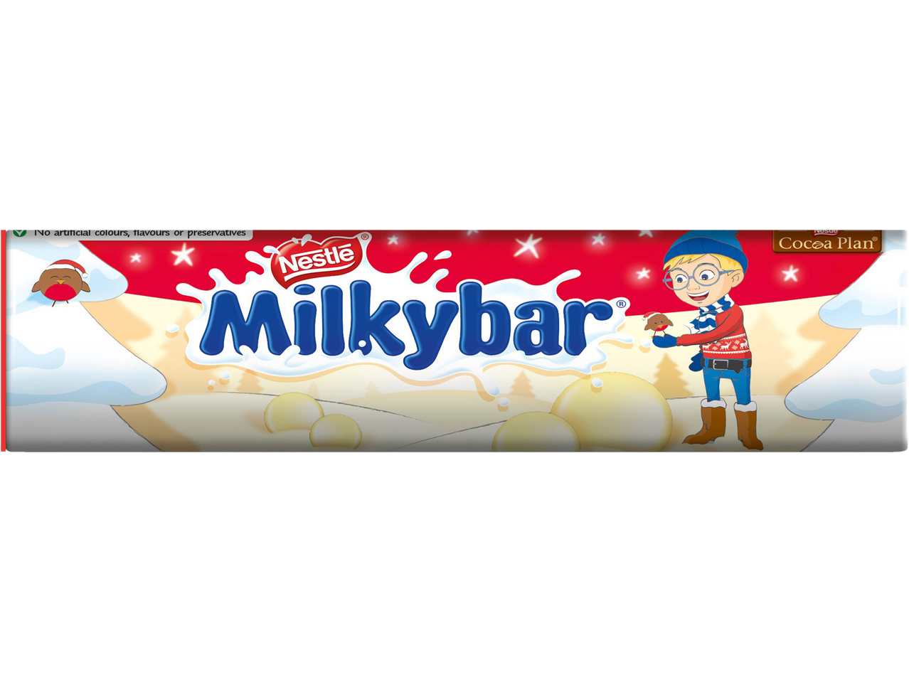 Milkybar chocolate bar with a winter scene, featuring a boy and a robin.