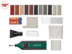 Wood repair kit with wax sticks, batteries, tools, and cleaning cloths.