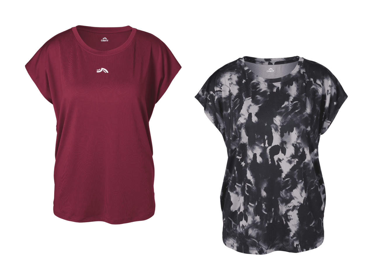 Zwei Sport-T-Shirts für Damen, eines in Unifarben Bordeaux und eines in Grau und Schwarz im Batik-Look.
