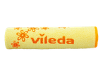 A yellow Vileda microfiber cleaning cloth roll with orange flowers.