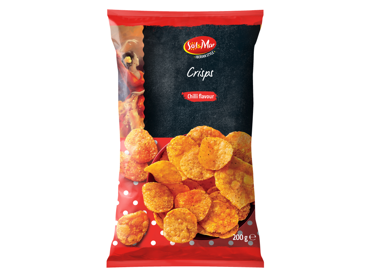Sol & Mar chips met chilismmaak, Spaanse danseres en 200g verpakking.