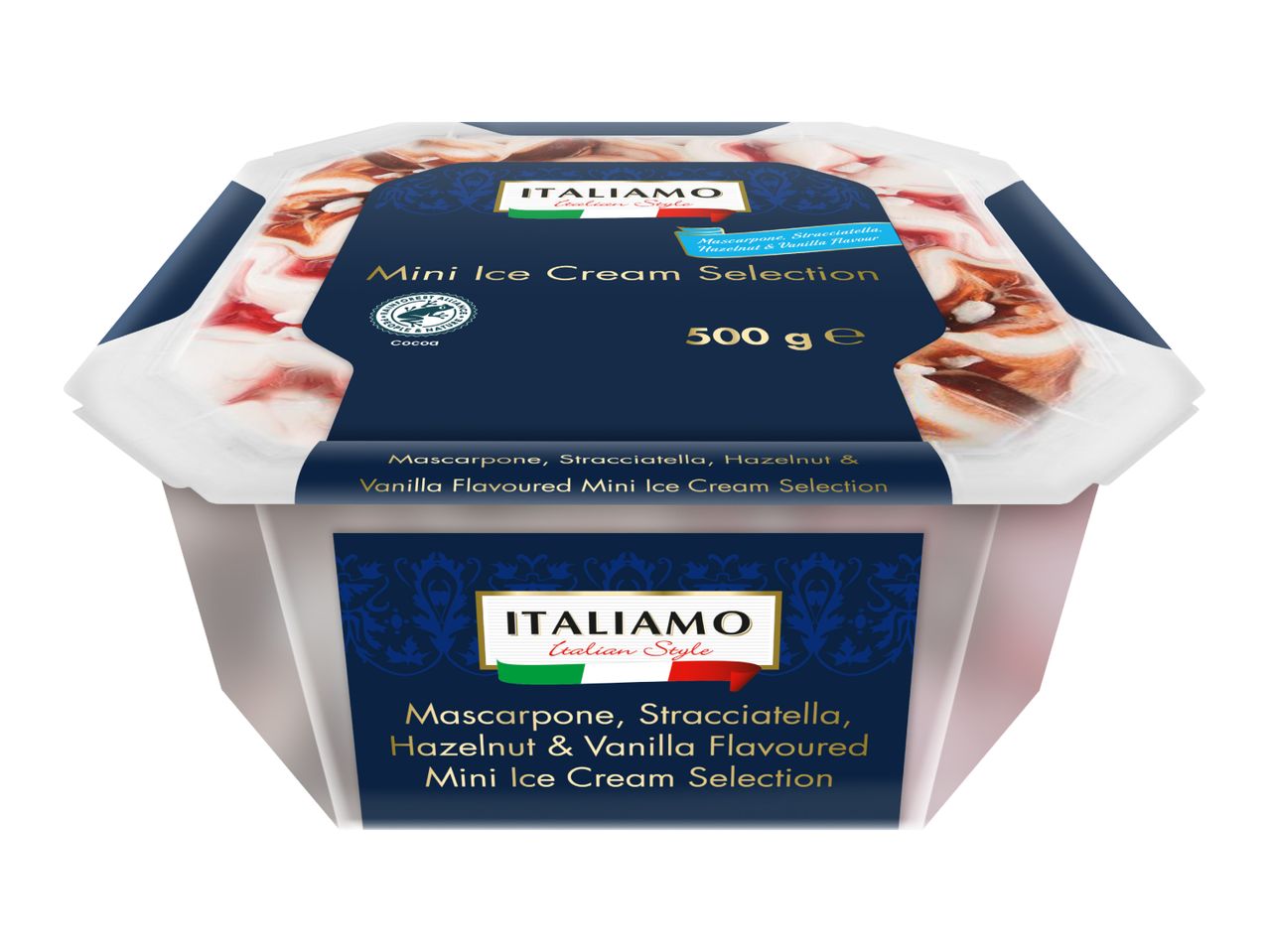 Italian-style mini ice cream selection with mascarpone, stracciatella, hazelnut, and vanilla, 500g.