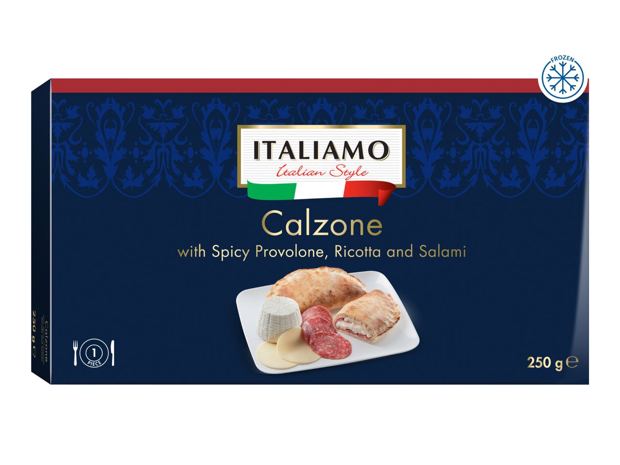 Frozen calzone with spicy provolone, ricotta, and salami, 250g.