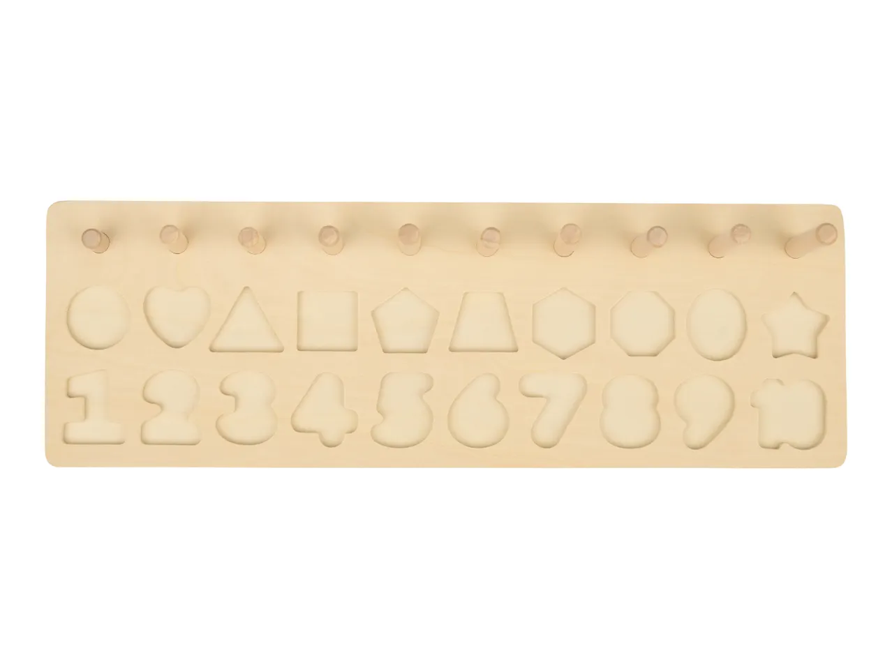 Wooden shape and number puzzle board with pegs for children's learning.