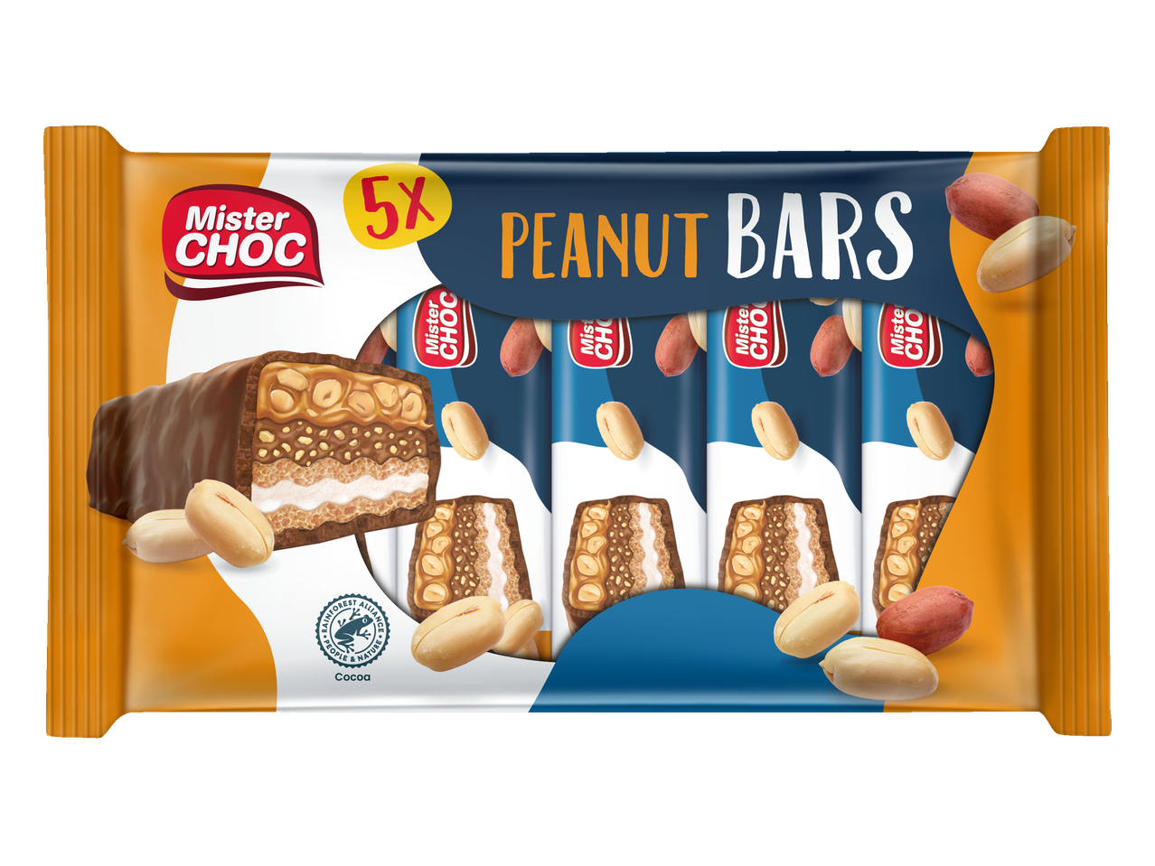 Verpakking van Mister Choc pindarepen, met vijf individuele repen en een dwarsdoorsnede van een reep.