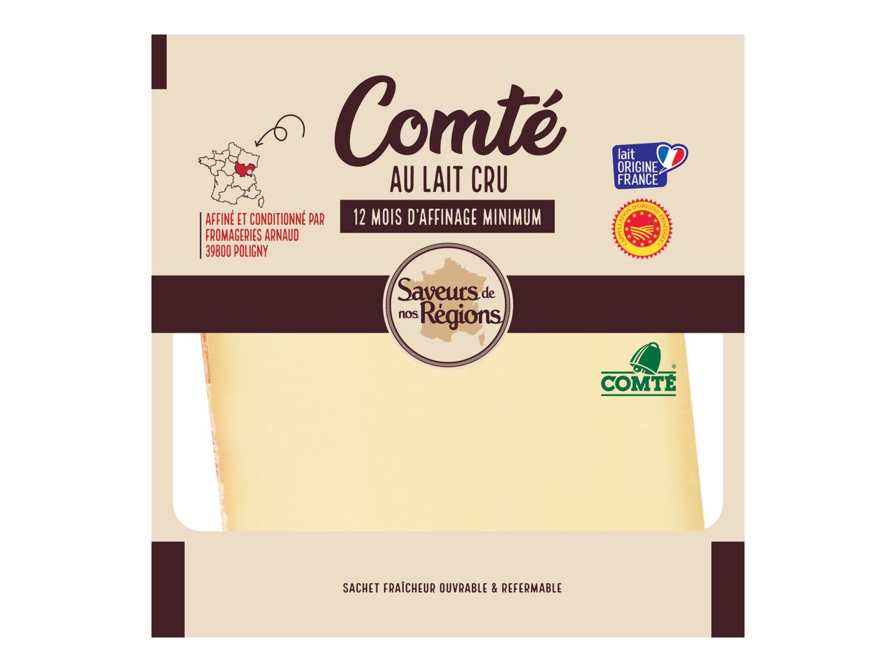 Fromage Comté, affinage minimum 12 mois.