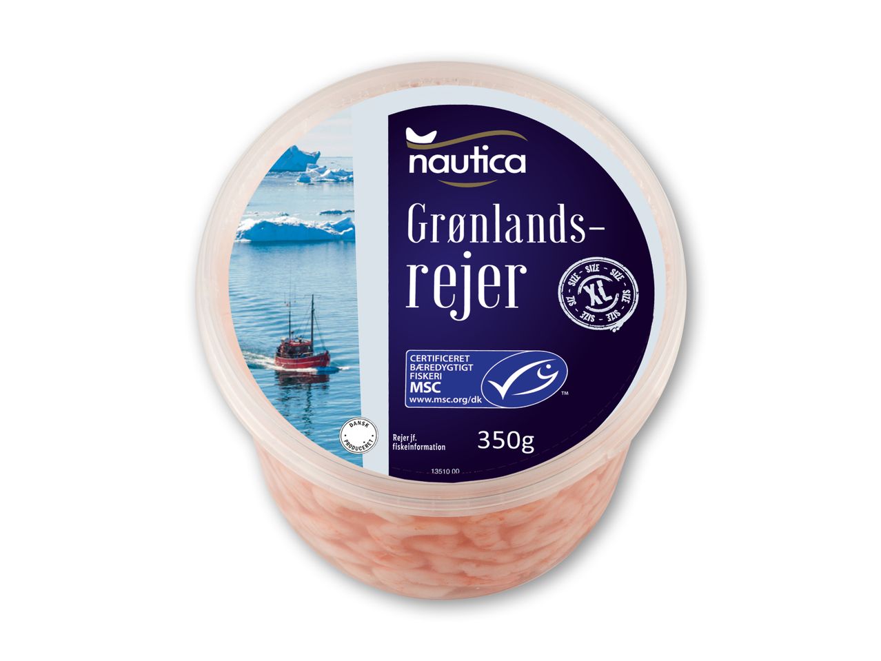 Nautica Grønlandsrejer: 350g MSC-certificerede rejer i en klar beholder.