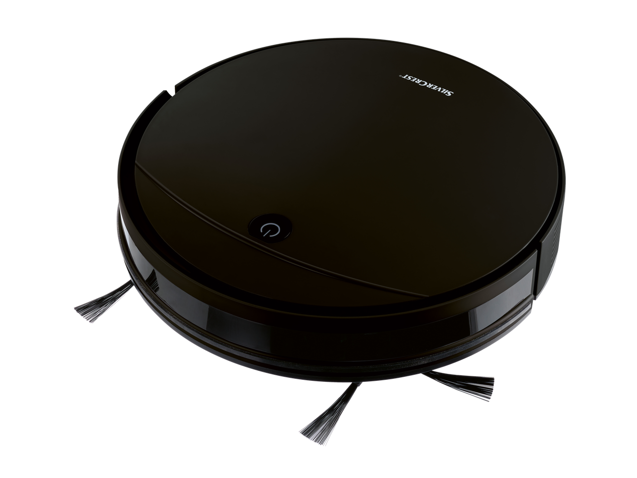 Aspirador robô Silvercrest preto com escovas laterais e botão de ligar.