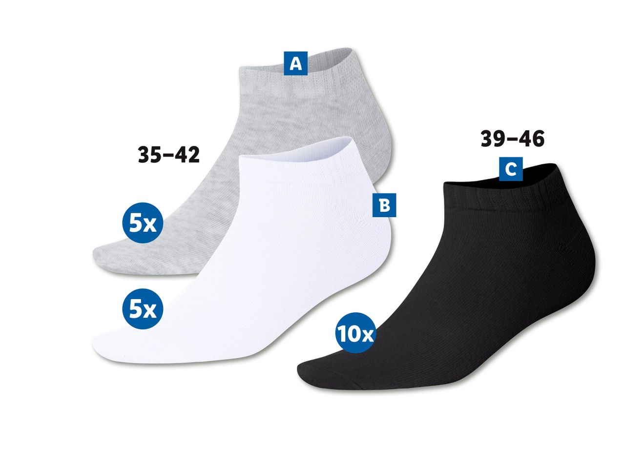 Pakkumises on 15 paari madalaid sokke: 5 halli, 5 valget ja 5 musta.