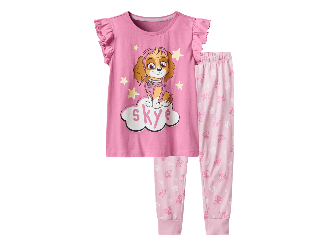 Dječja ružičasta pidžama s kratkim rukavima i dugim hlačama s motivom Skye i zvjezdicama.