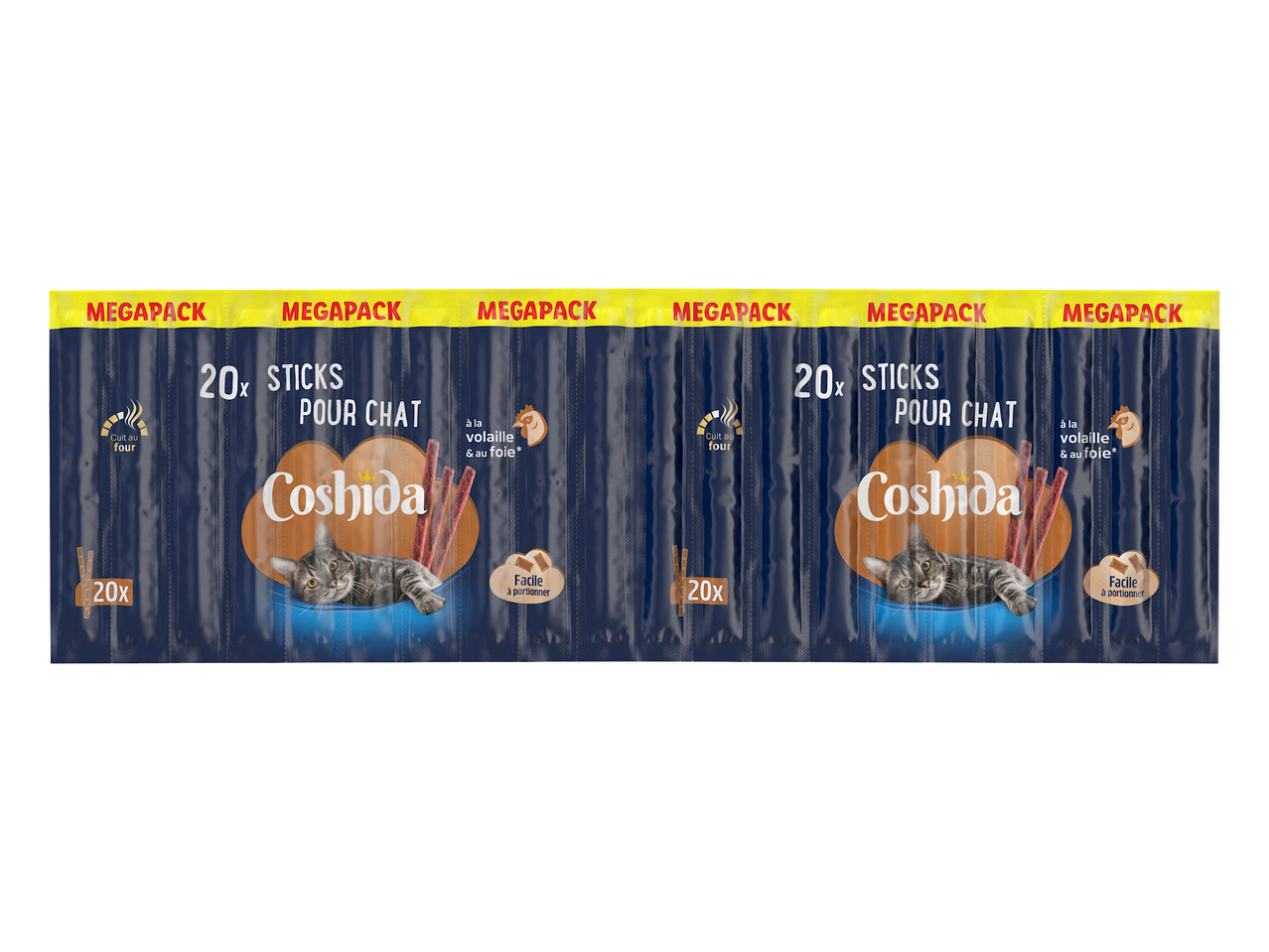 Deux paquets de 20 bâtonnets pour chat à la volaille et au foie, cuits au four et faciles à portionner.