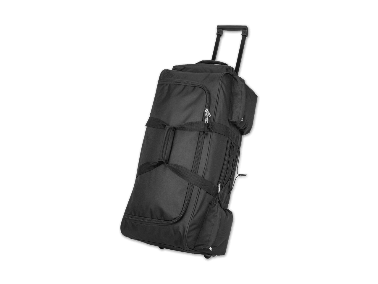 Schwarzer Rollreisetasche auf schwarzem Hintergrund.