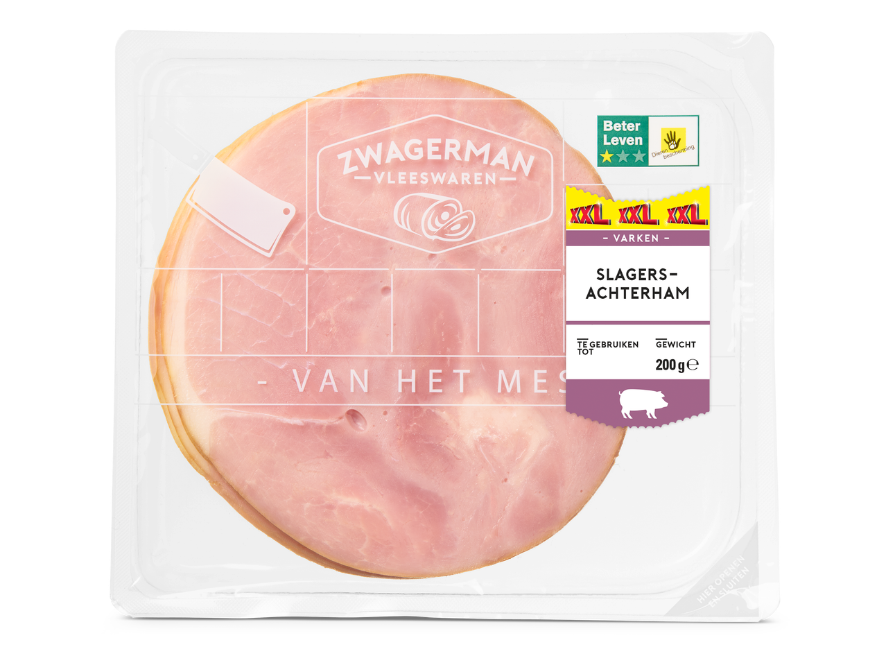 Een verpakking met 200 gram XXL slagers-achterham van varkensvlees.