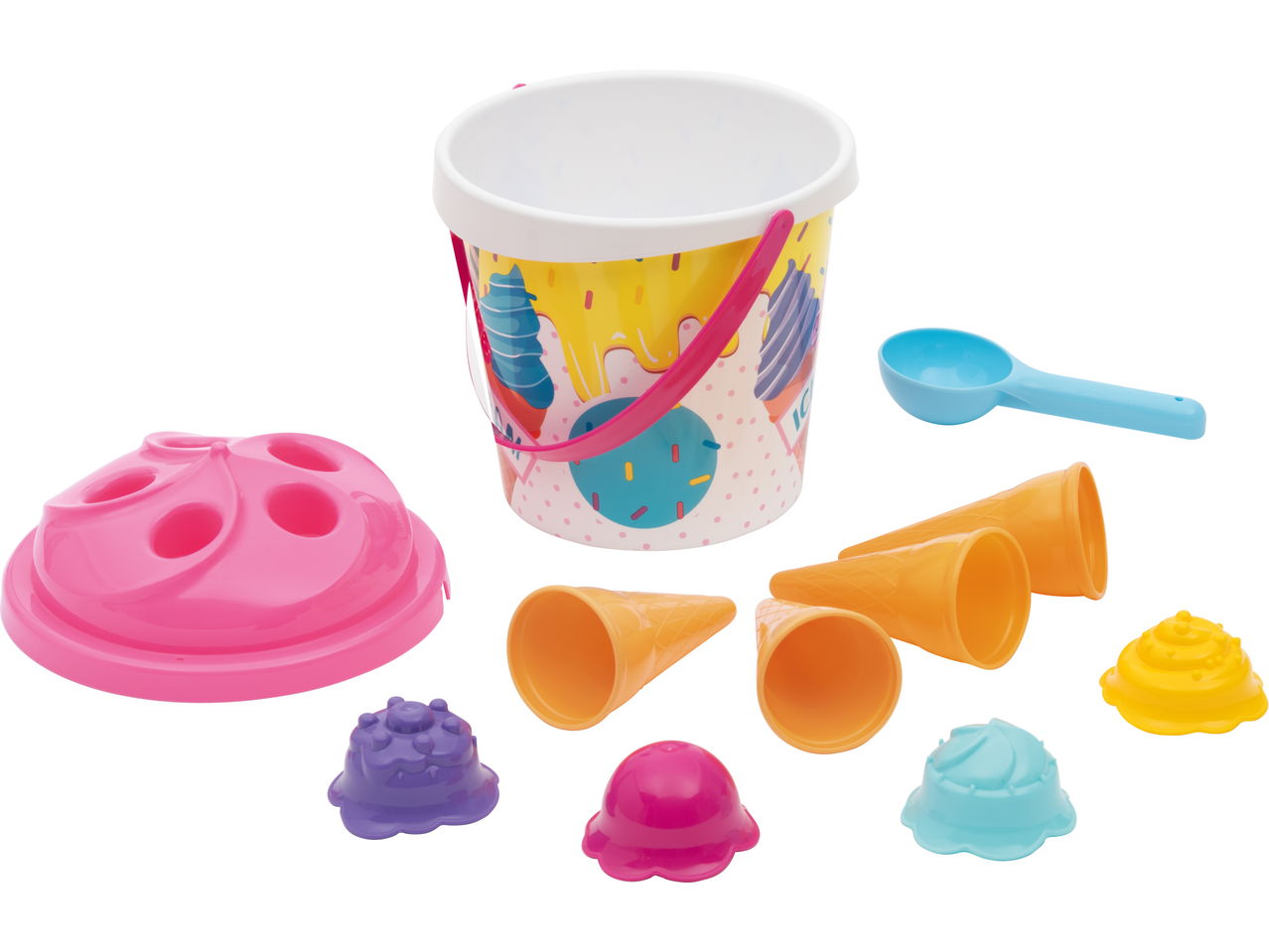 Lupilu Sand Toys: Ice cream themed bucket, scoop, cones, and molds in various colors.