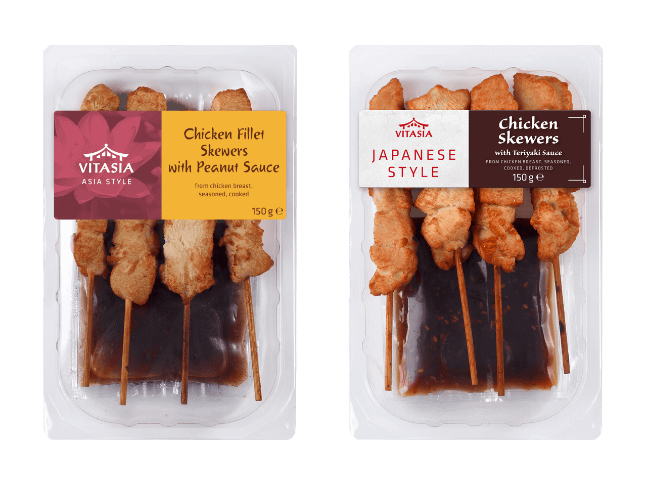 Hähnchenfiletspieße mit Erdnusssauce und Hähnchenspieße japanischer Art mit Teriyaki-Sauce.