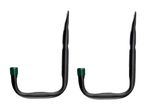 Two black J-shaped garage hooks with green tips, for hanging tools or equipment.