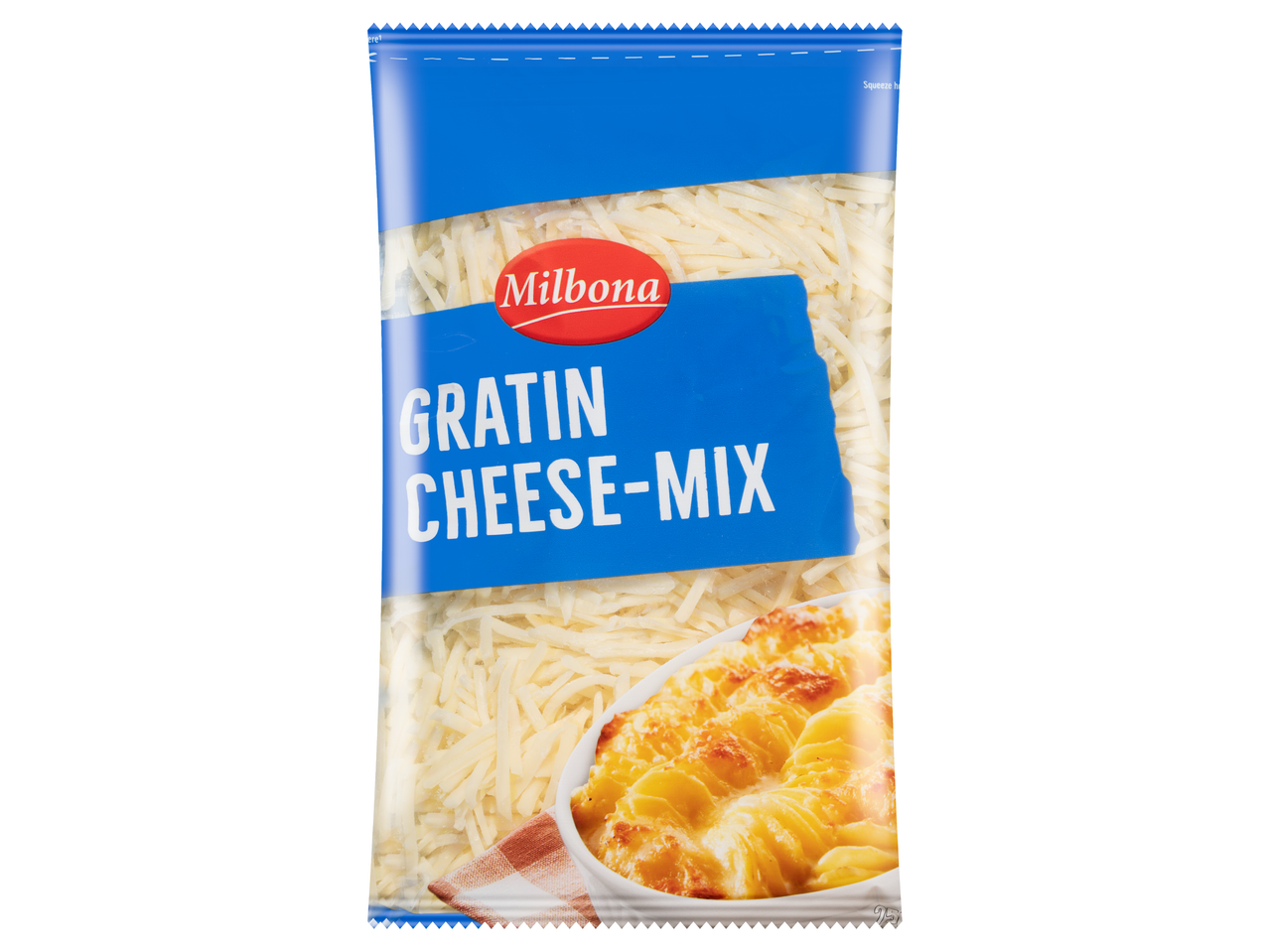 Milbona Reszelt sajt Gratin Cheese-Mix, zacskós reszelt sajt gratin étellel.