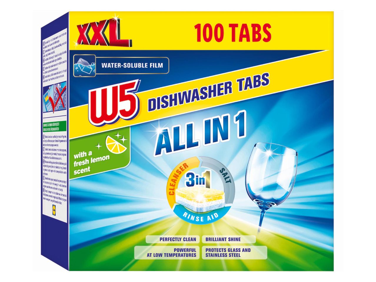 W5 XXL mosogatógép tabletta, 100 db, minden az egyben, friss citrom illattal.