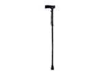Black adjustable walking stick with a dark brown handle and a wrist strap.