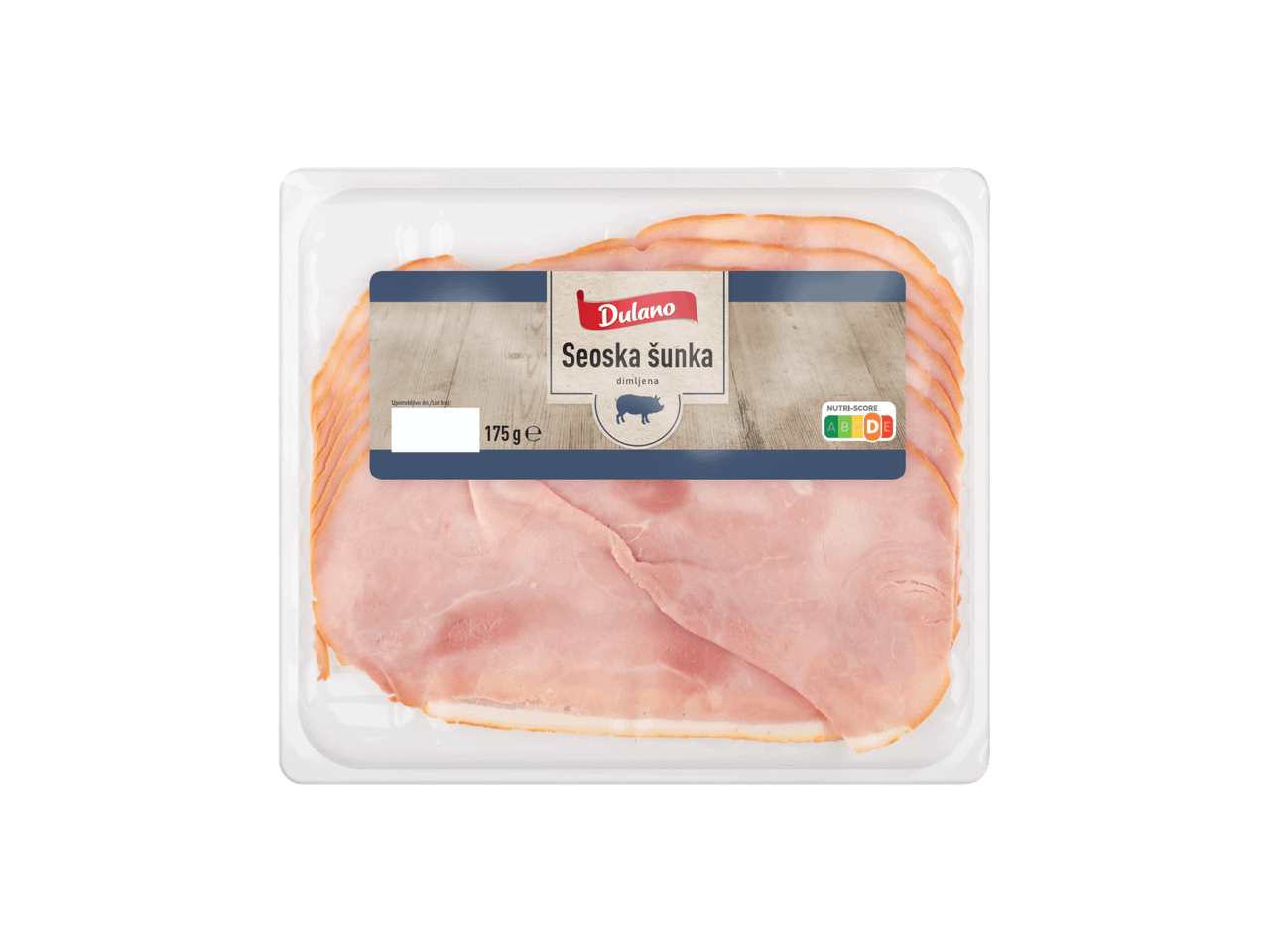Pakovanje dimljene seoske šunke od 175g sa Nutri-Score oznakom.