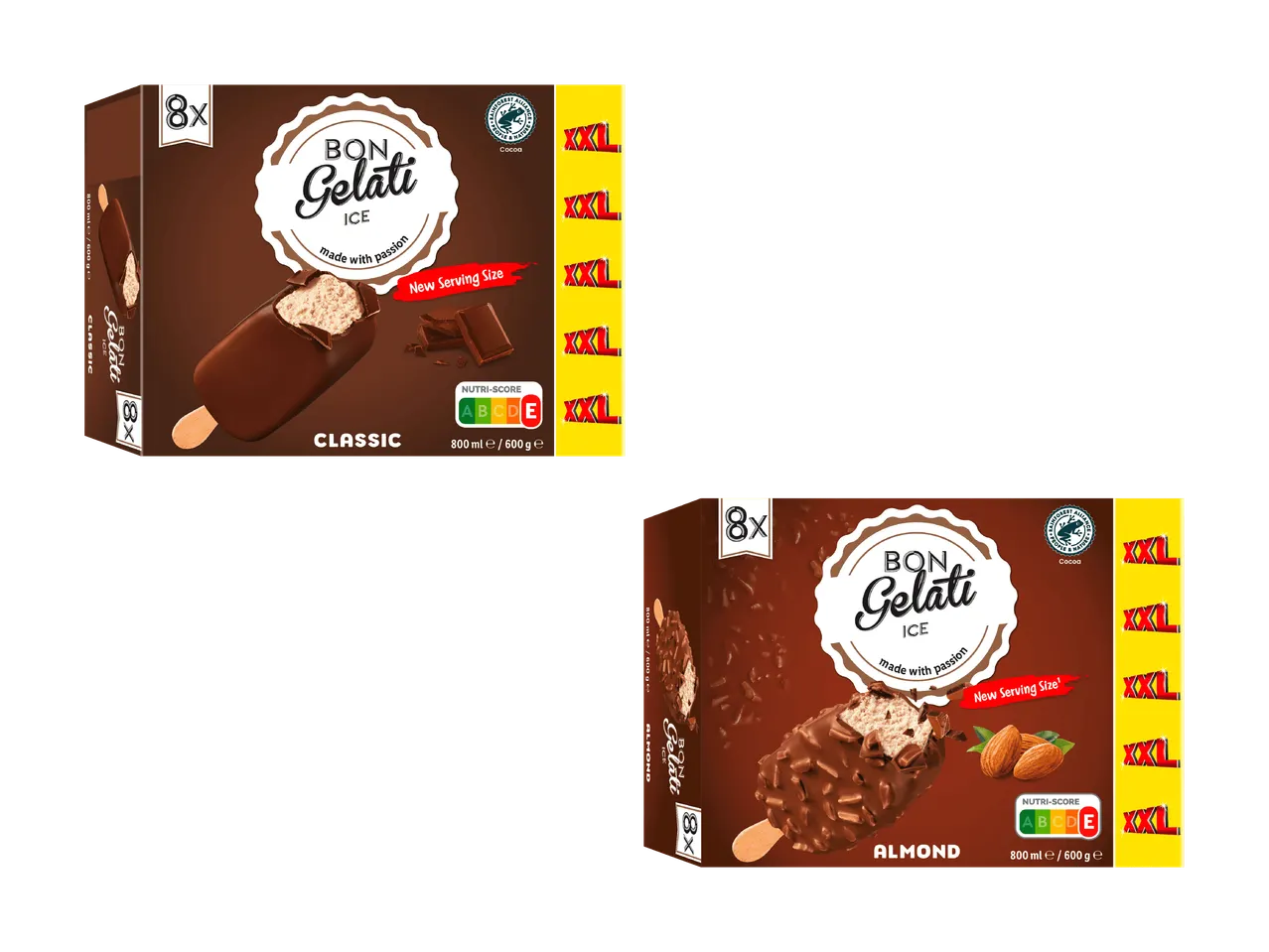 Deux paquets de glaces au chocolat sur bâtonnet, une classique et une aux amandes, de 8 pièces chacun.