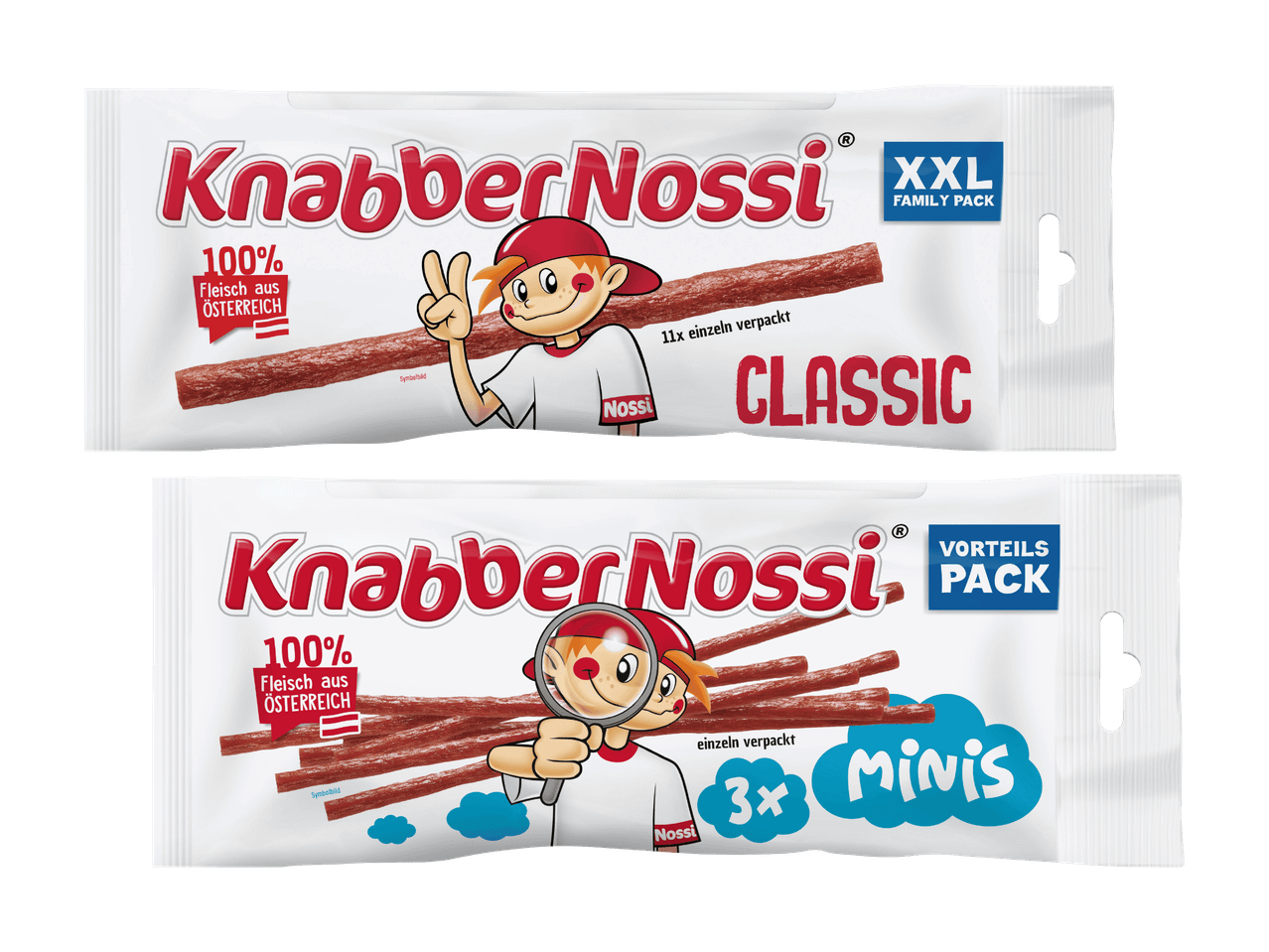 Zwei Packungen Knabber Nossi Würstchen: eine XXL Classic Familienpackung und eine Vorteilspackung Minis.