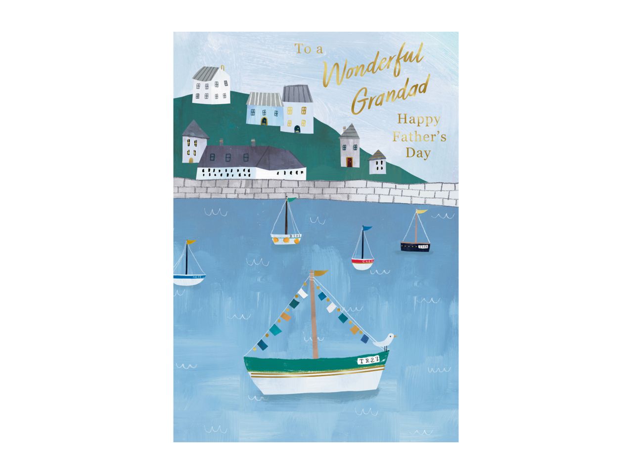 Father's Day card with a coastal village scene, boats, and text: 'To a Wonderful Grandad Happy Father's Day'