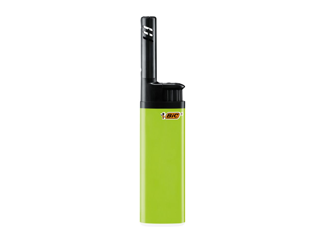 Green utility lighter with a black top and a small logo.
